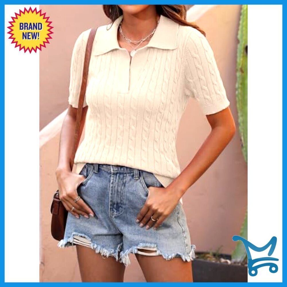 Short Sleeve V Neck Cable Knit Sweater Top Loose Fit Casual Summer Pullover - Picture 5 of 7